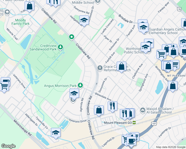 map of restaurants, bars, coffee shops, grocery stores, and more near 43 Baby Pointe Trail in Brampton