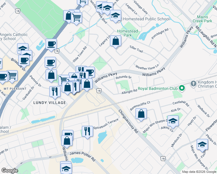 map of restaurants, bars, coffee shops, grocery stores, and more near 35 Albright Road in Brampton