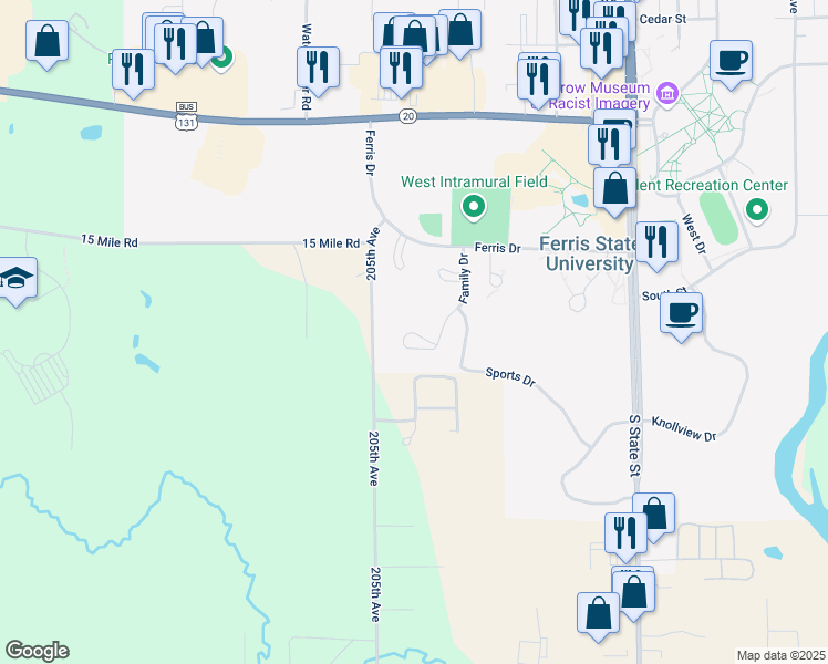 map of restaurants, bars, coffee shops, grocery stores, and more near 370 Finch Court in Big Rapids