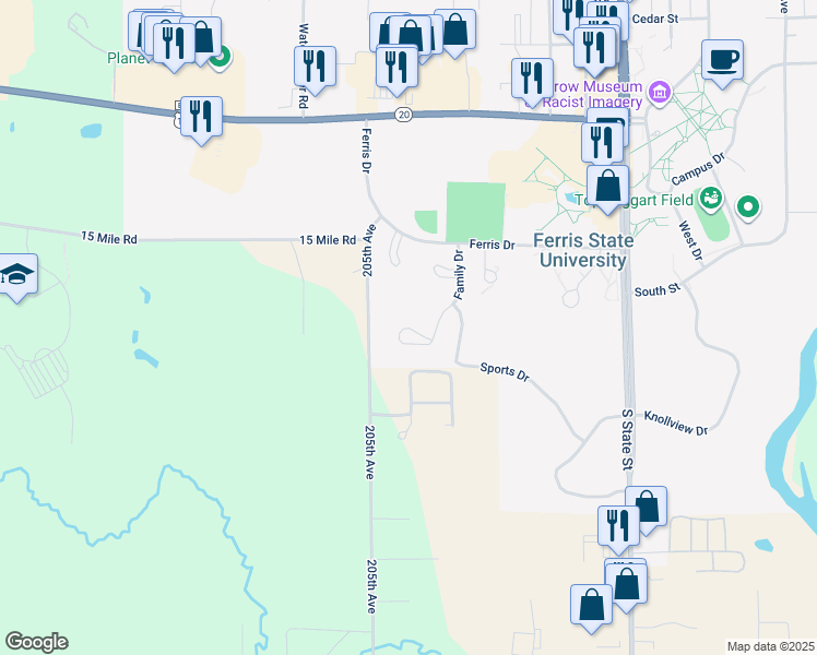 map of restaurants, bars, coffee shops, grocery stores, and more near 374 Finch Court in Big Rapids