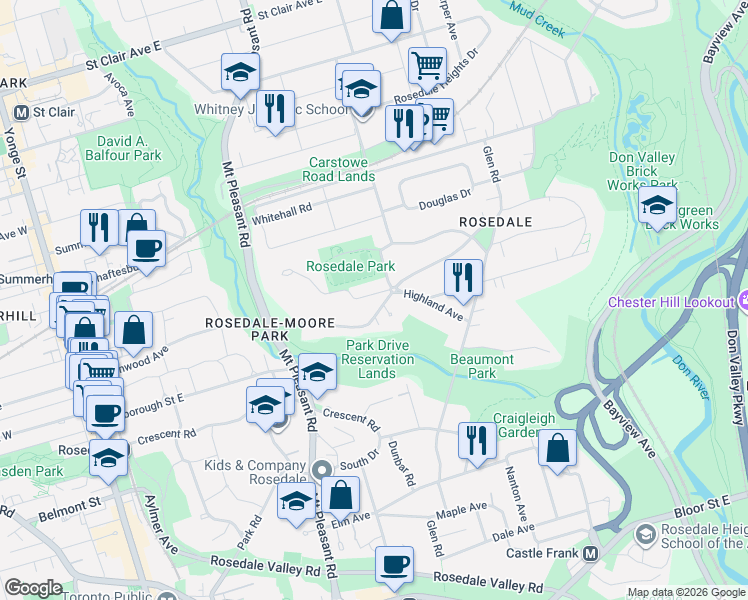map of restaurants, bars, coffee shops, grocery stores, and more near 63 Highland Avenue in Toronto