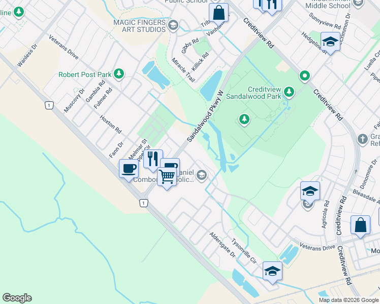 map of restaurants, bars, coffee shops, grocery stores, and more near 175 Veterans Drive in Brampton