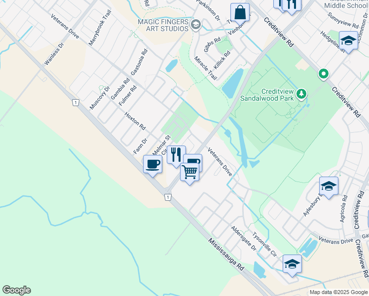 map of restaurants, bars, coffee shops, grocery stores, and more near 201 Veterans Drive in Brampton