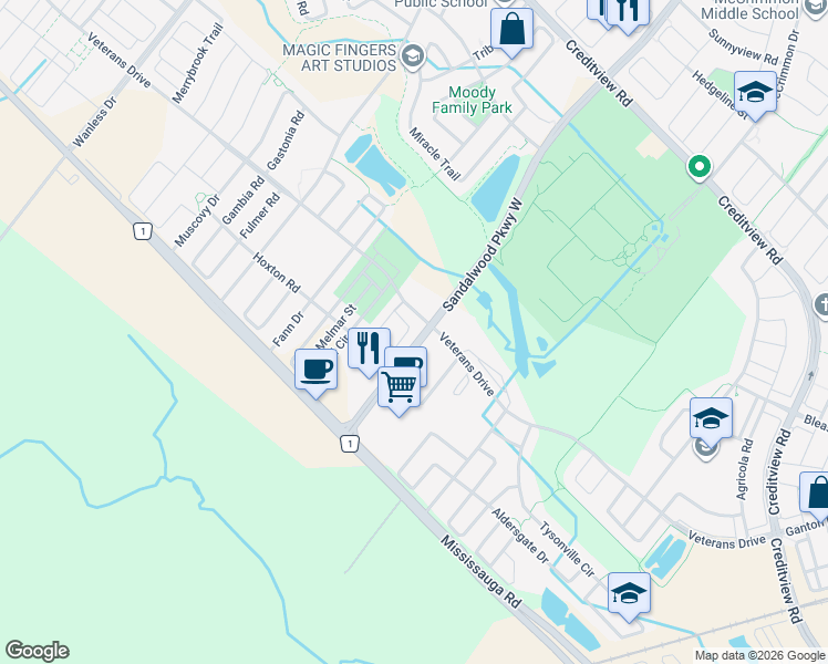 map of restaurants, bars, coffee shops, grocery stores, and more near 180 Veterans Drive in Brampton