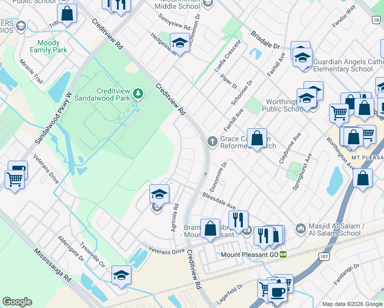 map of restaurants, bars, coffee shops, grocery stores, and more near 24 Baby Pointe Trail in Brampton