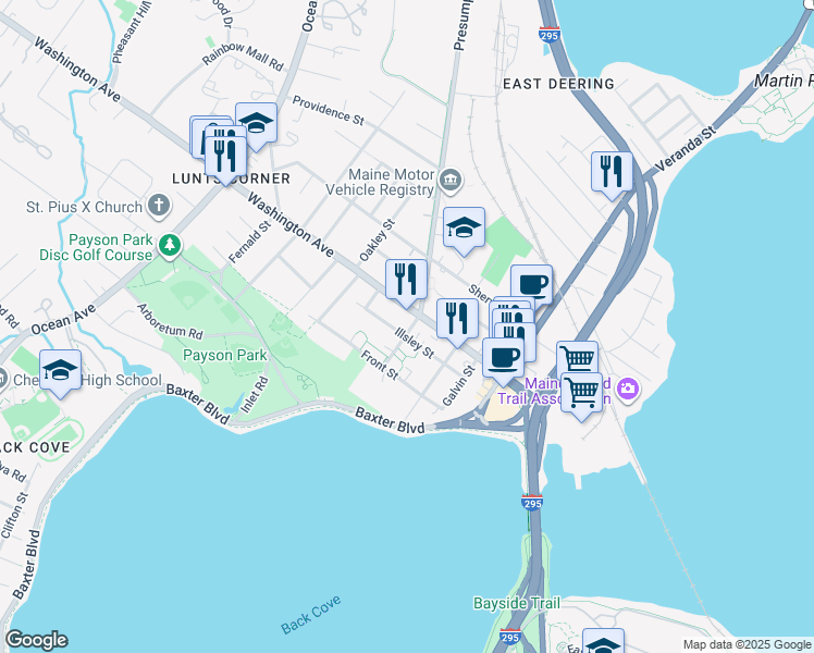 map of restaurants, bars, coffee shops, grocery stores, and more near 13 Presumpscot Street West in Portland