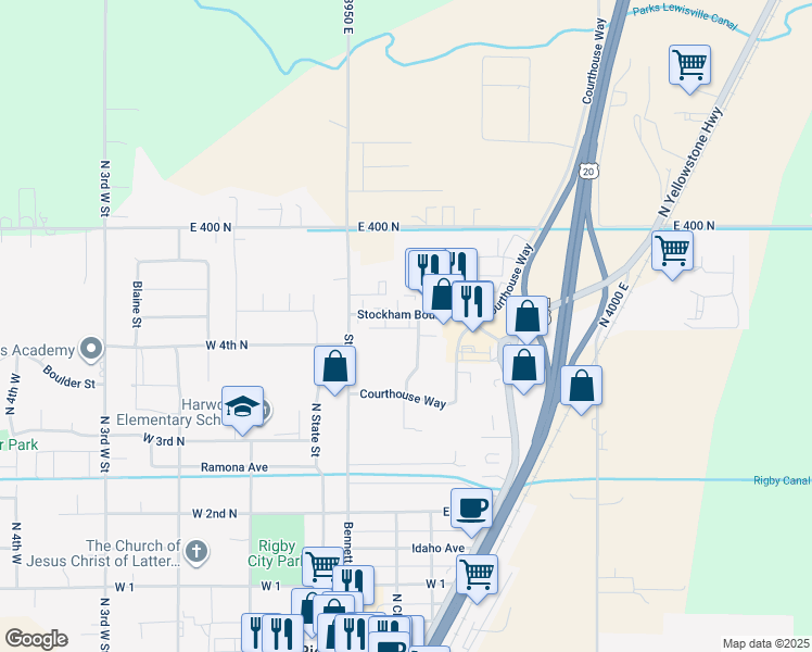 map of restaurants, bars, coffee shops, grocery stores, and more near 194 Stockham Boulevard in Rigby