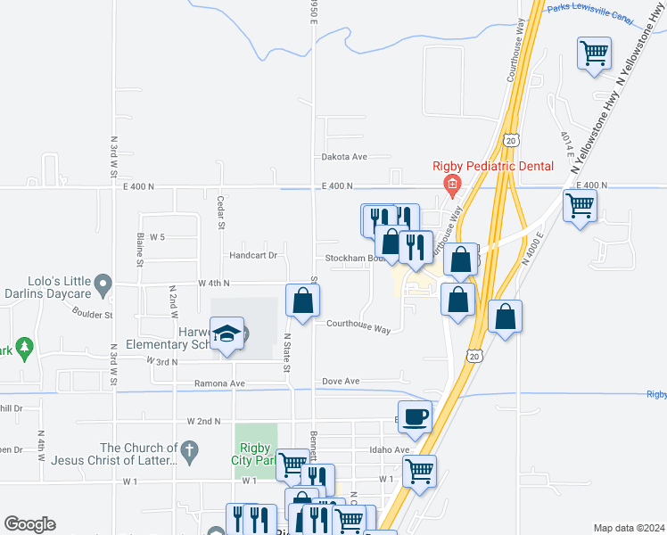 map of restaurants, bars, coffee shops, grocery stores, and more near 510 Annis Highway in Rigby