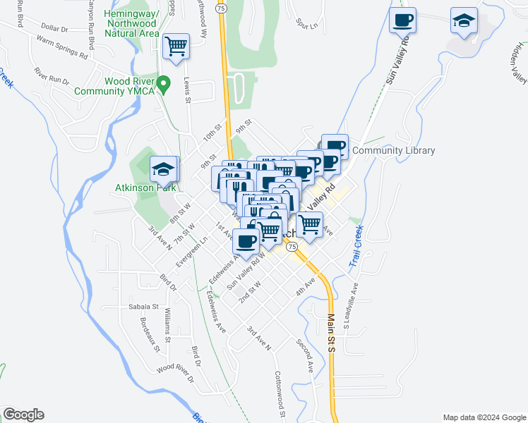 map of restaurants, bars, coffee shops, grocery stores, and more near 518-526 5th St E in Ketchum