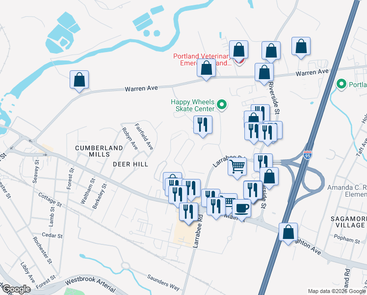 map of restaurants, bars, coffee shops, grocery stores, and more near 30 Liza Harmon Drive in Westbrook