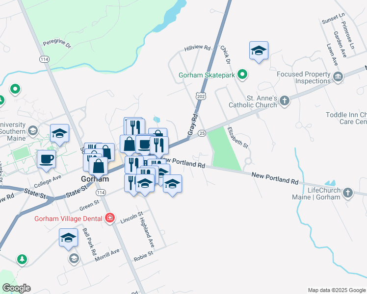 map of restaurants, bars, coffee shops, grocery stores, and more near 183 Main Street in Gorham