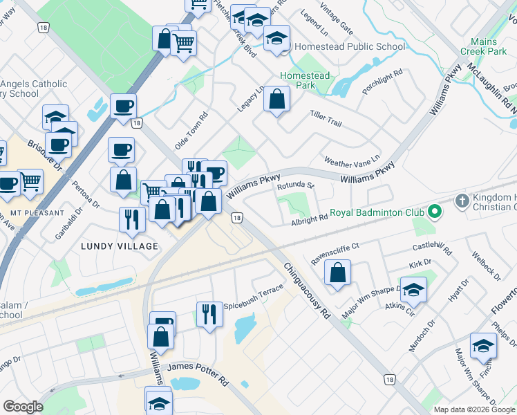 map of restaurants, bars, coffee shops, grocery stores, and more near 35 Albright Road in Brampton
