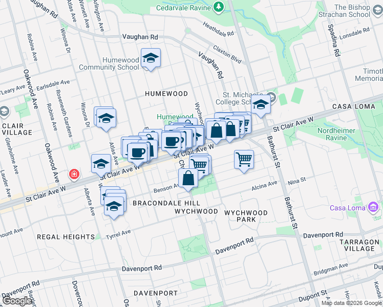 map of restaurants, bars, coffee shops, grocery stores, and more near 657 Saint Clair Avenue West in Toronto