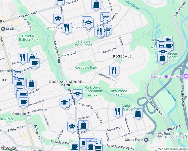 map of restaurants, bars, coffee shops, grocery stores, and more near 65 Highland Avenue in Toronto