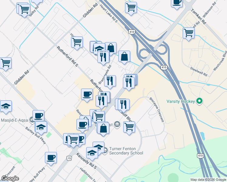 map of restaurants, bars, coffee shops, grocery stores, and more near 350B Rutherford Road South in Brampton