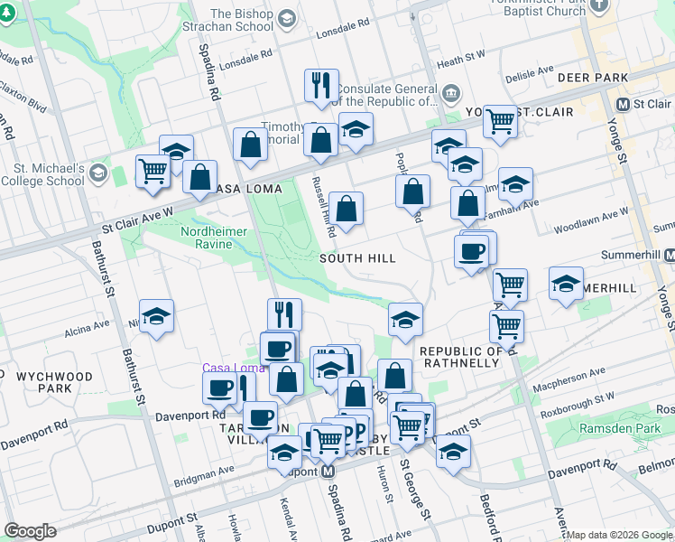 map of restaurants, bars, coffee shops, grocery stores, and more near 70 Russell Hill Road in Toronto