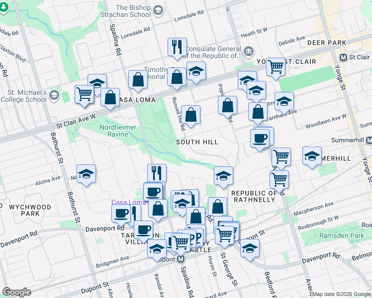 map of restaurants, bars, coffee shops, grocery stores, and more near 200 Russell Hill Road in Toronto