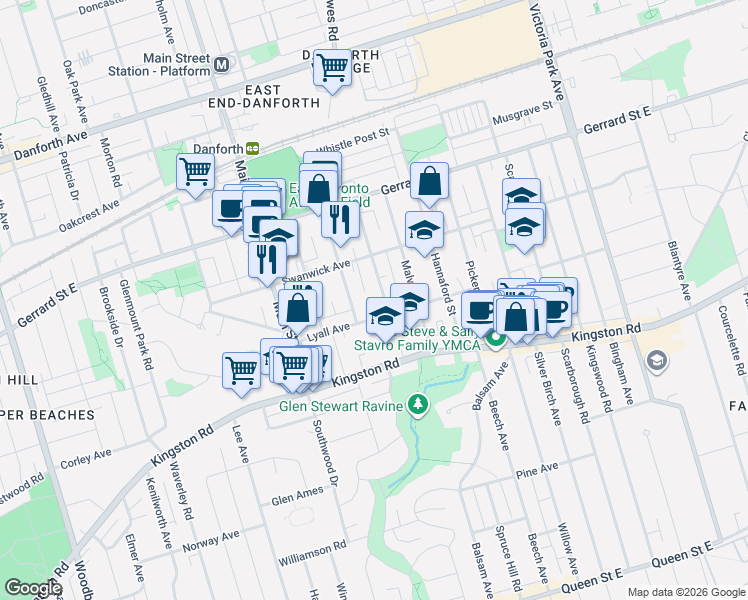 map of restaurants, bars, coffee shops, grocery stores, and more near 4 Wayland Avenue in Toronto
