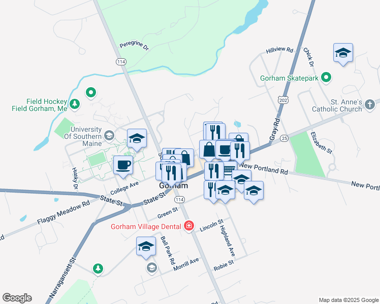 map of restaurants, bars, coffee shops, grocery stores, and more near 34 Church Street in Gorham