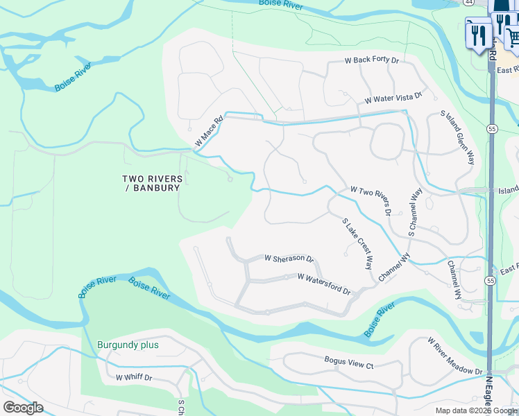 map of restaurants, bars, coffee shops, grocery stores, and more near 1149 West Two Rivers Lane in Eagle