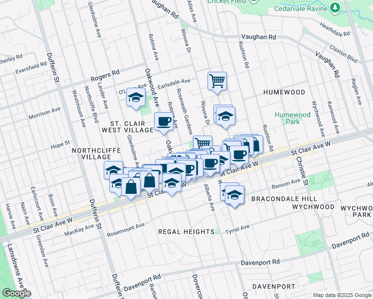 map of restaurants, bars, coffee shops, grocery stores, and more near 47 Robina Avenue in Toronto