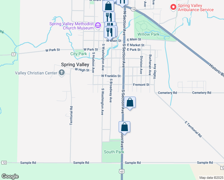 map of restaurants, bars, coffee shops, grocery stores, and more near in Spring Valley