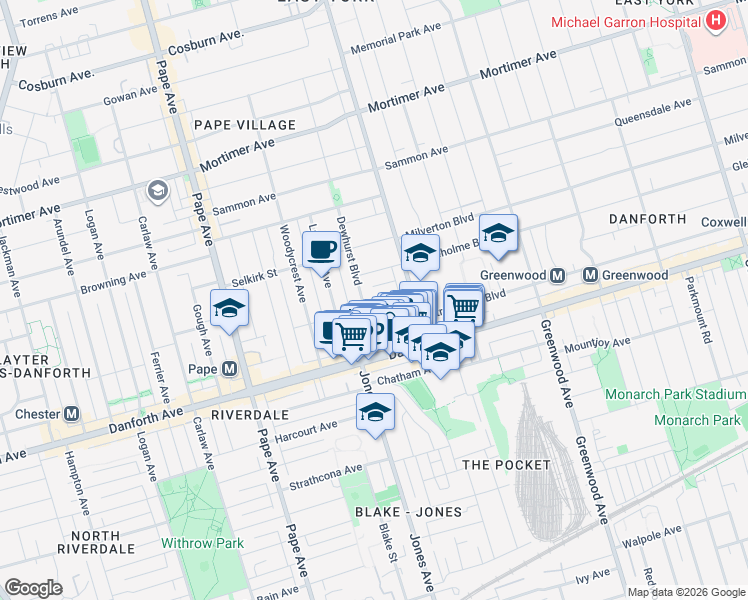 map of restaurants, bars, coffee shops, grocery stores, and more near Fielding Avenue in Toronto