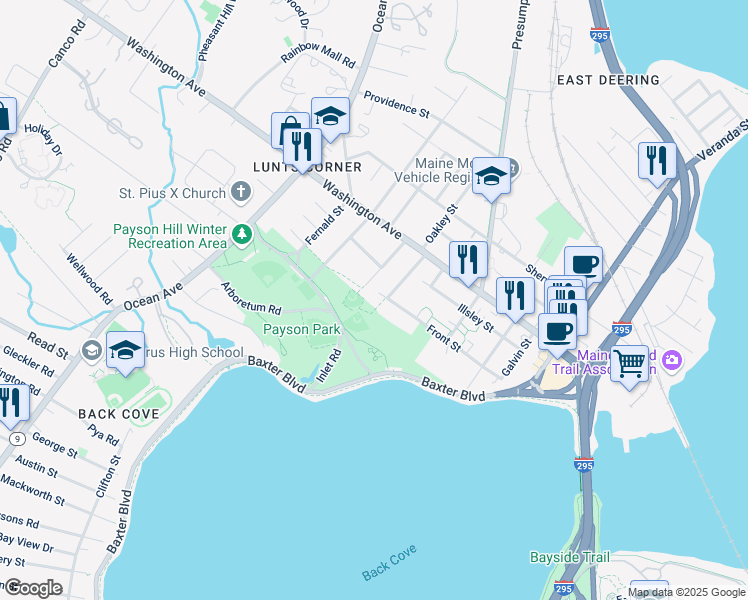 map of restaurants, bars, coffee shops, grocery stores, and more near 61 Johansen Street in Portland