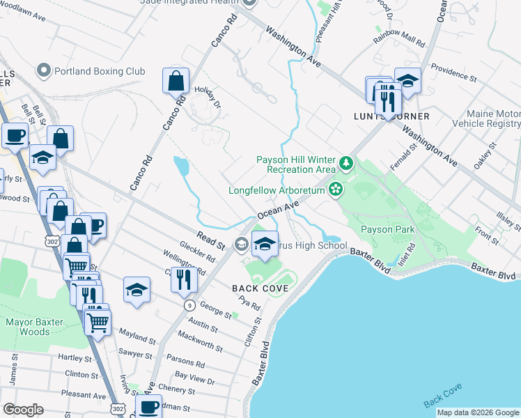 map of restaurants, bars, coffee shops, grocery stores, and more near 338 Ocean Avenue in Portland