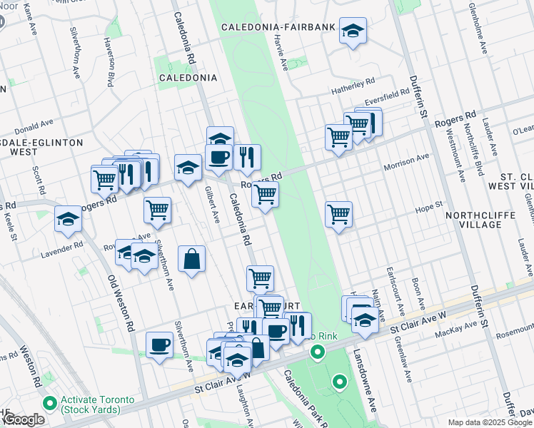 map of restaurants, bars, coffee shops, grocery stores, and more near 241 McRoberts Avenue in Toronto