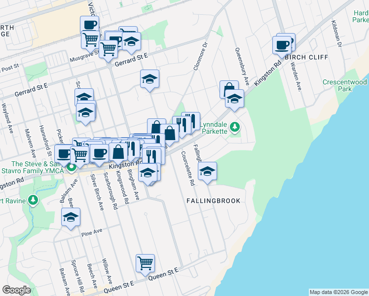 map of restaurants, bars, coffee shops, grocery stores, and more near 1161 Kingston Road in Toronto