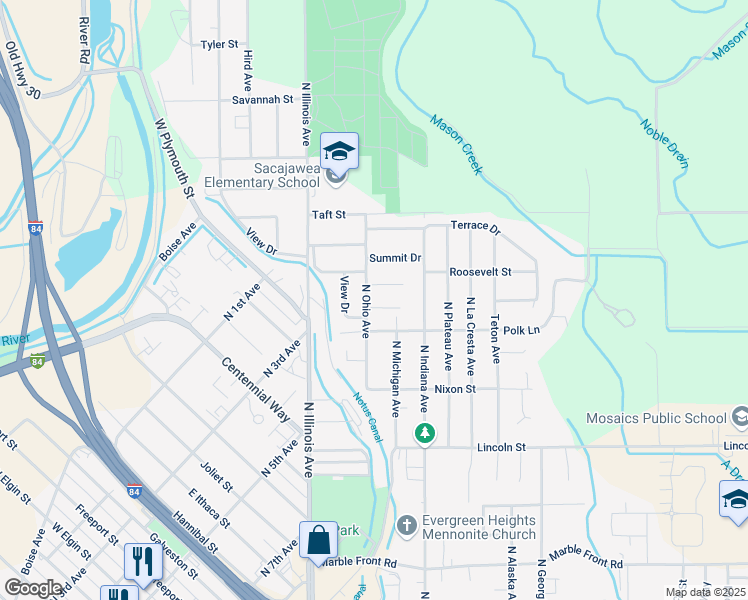 map of restaurants, bars, coffee shops, grocery stores, and more near 1321 North Ohio Avenue in Caldwell