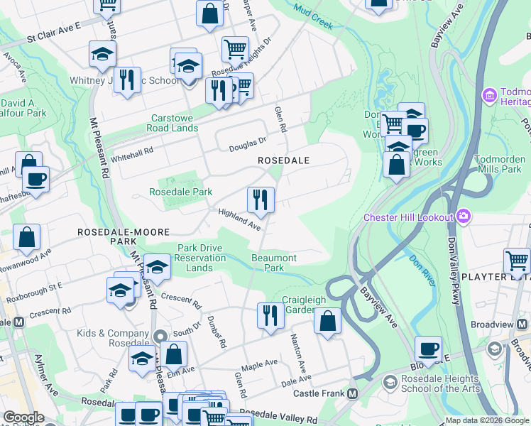 map of restaurants, bars, coffee shops, grocery stores, and more near 124 Glen Road in Toronto