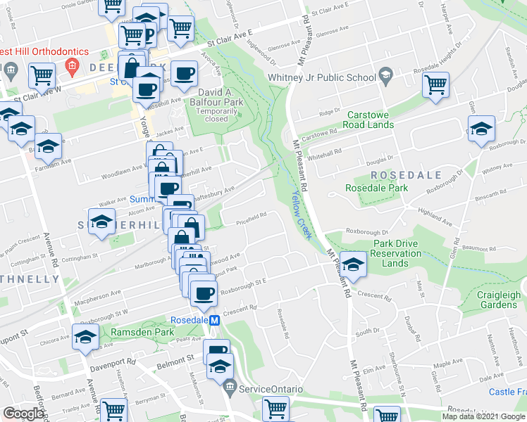 map of restaurants, bars, coffee shops, grocery stores, and more near 112 Pricefield Road in Toronto