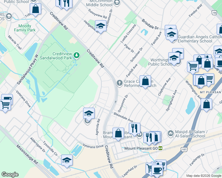 map of restaurants, bars, coffee shops, grocery stores, and more near 49 Baby Pointe Trail in Brampton