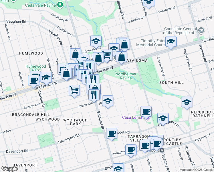 map of restaurants, bars, coffee shops, grocery stores, and more near in Toronto