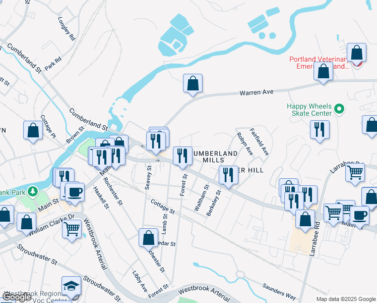map of restaurants, bars, coffee shops, grocery stores, and more near 32 State Street in Westbrook