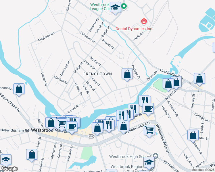 map of restaurants, bars, coffee shops, grocery stores, and more near 67 King Street in Westbrook