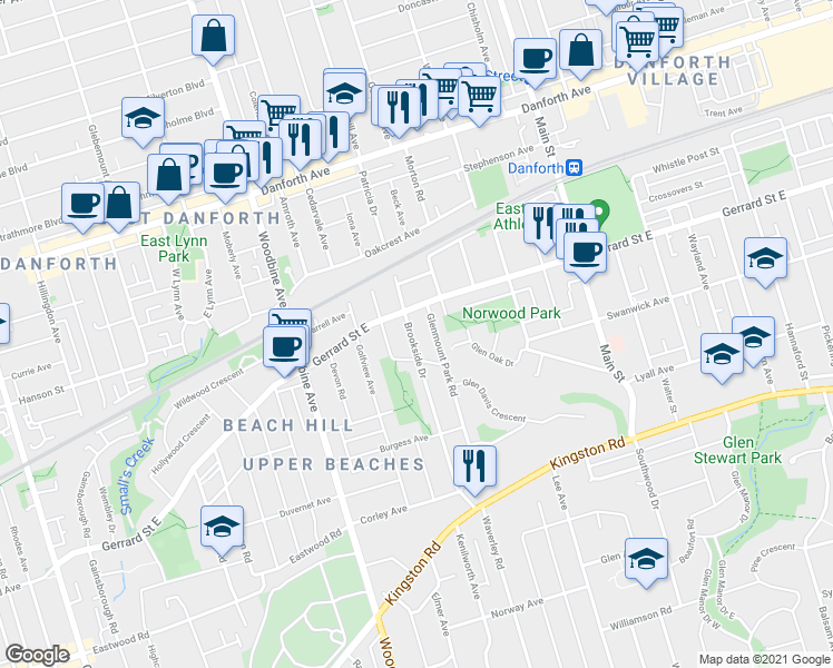 map of restaurants, bars, coffee shops, grocery stores, and more near in Toronto