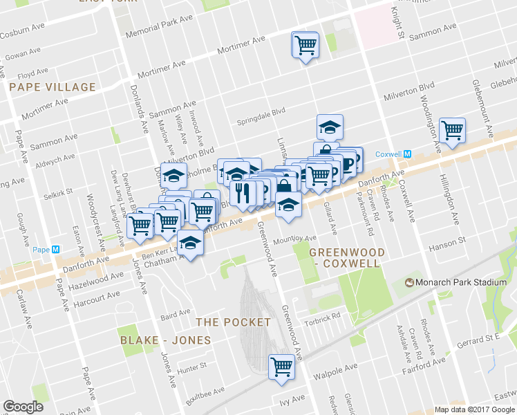 map of restaurants, bars, coffee shops, grocery stores, and more near in Toronto