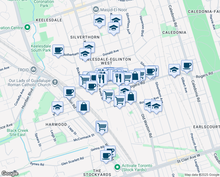 map of restaurants, bars, coffee shops, grocery stores, and more near in Toronto