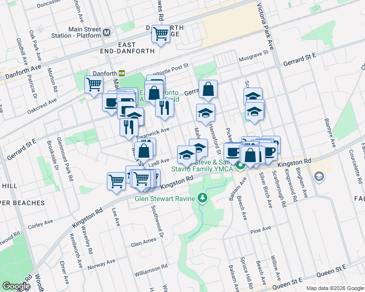 map of restaurants, bars, coffee shops, grocery stores, and more near 4 Wayland Avenue in Toronto