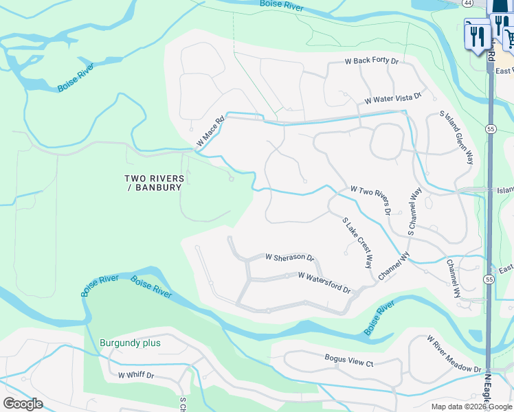 map of restaurants, bars, coffee shops, grocery stores, and more near 1149 West Two Rivers Lane in Eagle