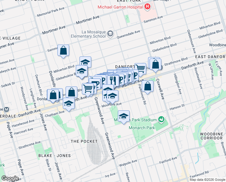 map of restaurants, bars, coffee shops, grocery stores, and more near 1299 Danforth Avenue in Toronto