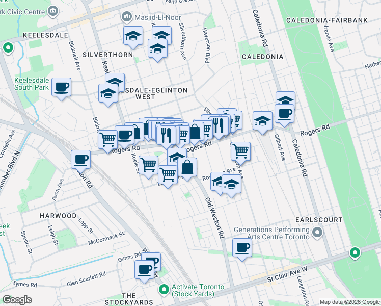 map of restaurants, bars, coffee shops, grocery stores, and more near 32 Kane Avenue in Toronto