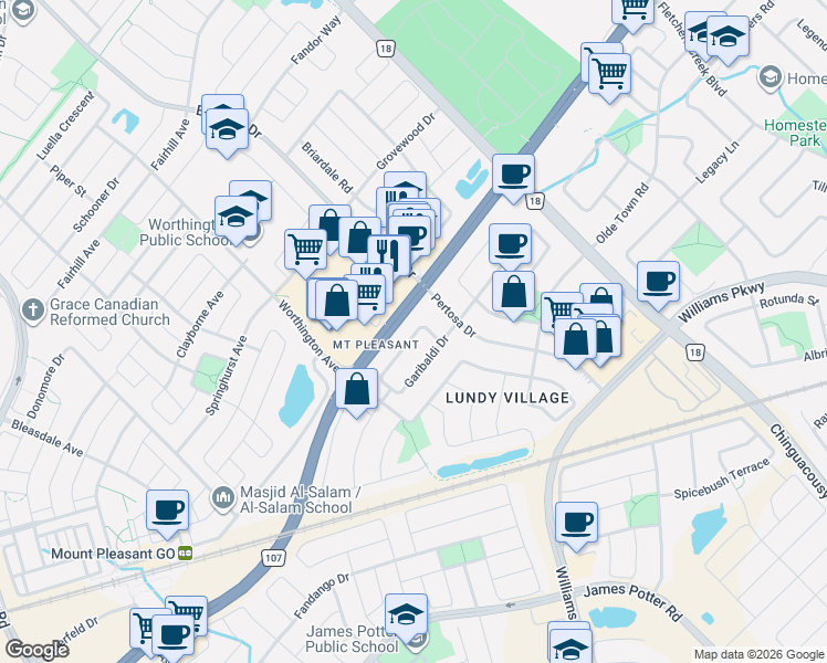 map of restaurants, bars, coffee shops, grocery stores, and more near 66 Secord Crescent in Brampton