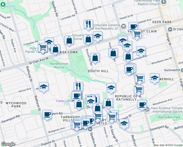 map of restaurants, bars, coffee shops, grocery stores, and more near 200 Russell Hill Road in Toronto