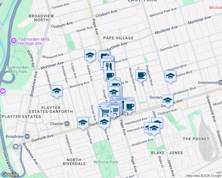 map of restaurants, bars, coffee shops, grocery stores, and more near 792 Pape Avenue in Toronto