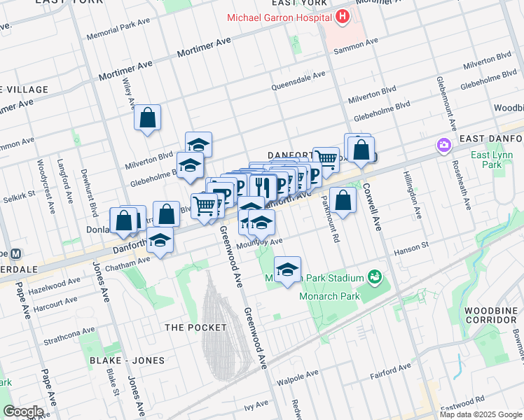 map of restaurants, bars, coffee shops, grocery stores, and more near 1275 Danforth Avenue in Toronto