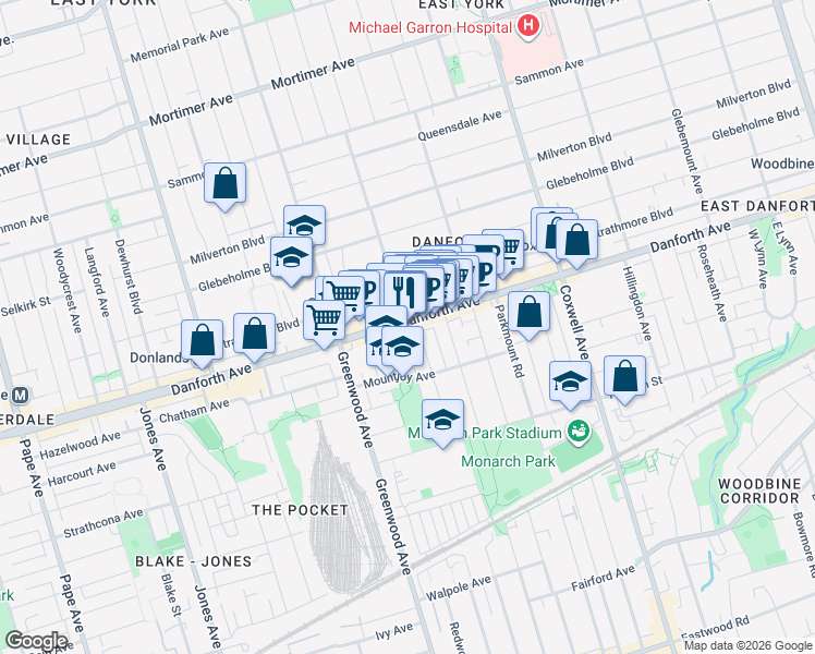 map of restaurants, bars, coffee shops, grocery stores, and more near 1307 Danforth Avenue in Toronto